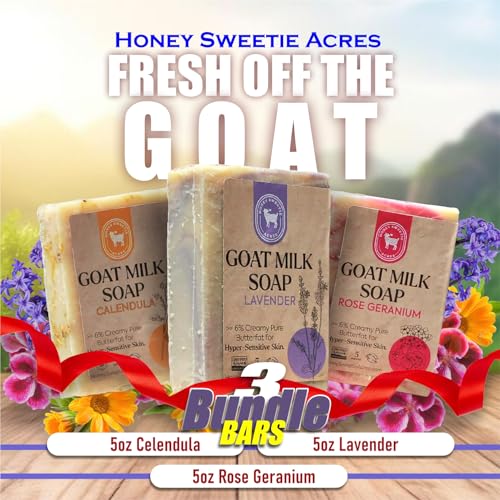 Honey Sweetie Acres 3-Pack Goat Milk Soap ? Lavender, Rose Geranium & Calendula ? Floral Spring Scents ? Handcrafted 5 oz Bars ? Made in the USA