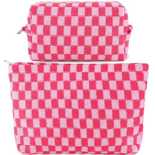 ZLFSRQ 2Pcs Checkered Makeup Bag for Women Large Capacity Pink Cosmetic Bag Set Travel Makeup Pouch for Purse Zipper Toiletry Organizer Cute Y2K Aesthetic Trendy Girls Makeup Brushes Storage Bag