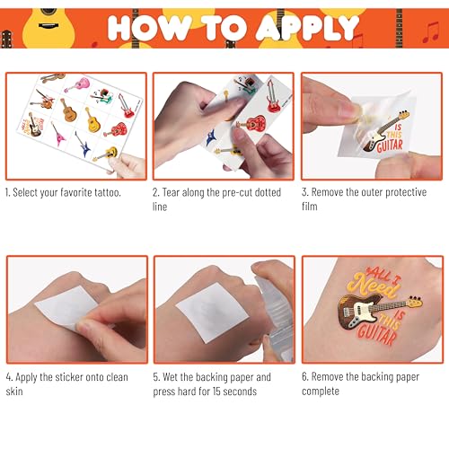 96 PCS Guitar Temporary Tattoos for Kids Party Favors
