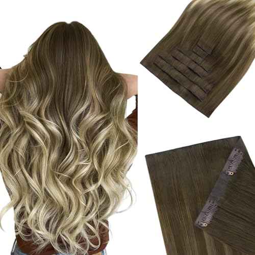 HOTBANANA Invisi Edge Clip in Hair Extensions, 18inch 110g 7Pcs Injected Seamless Clip in Extensions Real Human Hair Ombre Walnut Brown to Ash Brown and Bleach PU Hair Extensions Straight Hair