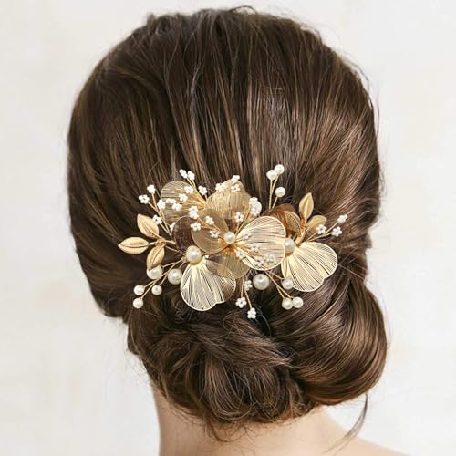 Gold Pearl Flower Hair Comb for Bride Wedding