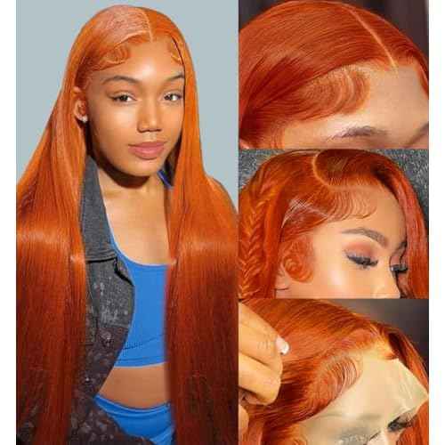 30inch 13X4 Ginger Wig Human Hair Straight Lace Front Wigs 180% Density HD Transparent Lace Frontal Glueless Pre Plucked with Baby Hair 350 Orange Colored Wig