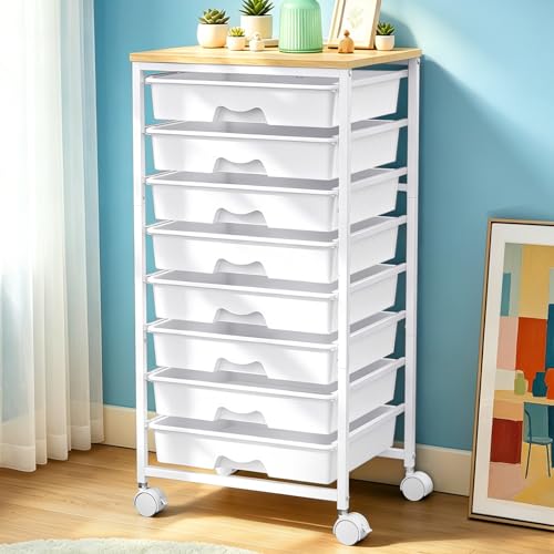 White SUNALLY 8-Drawer Rolling Cart for Craft Storage with Wooden Top