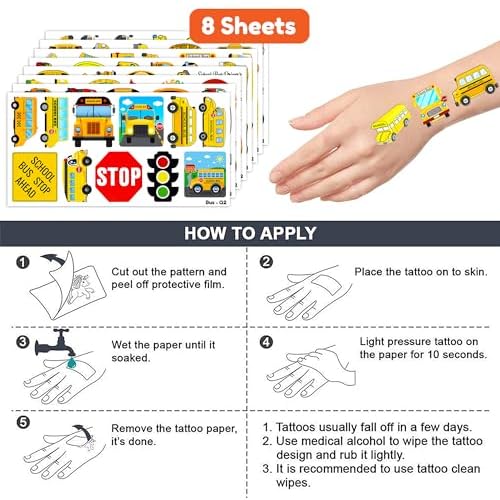 School Bus Temporary Tattoos Theme Birthday Party Decorations Favors Decor Supplies Cute 91 PCS Transportation Back To School Tattoo Stickers Gifts for Kids Girls Boys School Prizes Carnival Christmas