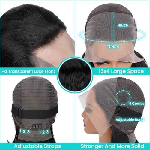 13x4 Body Wave Lace Front Wigs Human Hair Pre Plucked HD Transparent Lace Frontal Wig with Baby Hair 180 Density 9A Glueless Brazilian Virgin Human Hair Lace Front Wigs for Women 20 Inch Natural Black