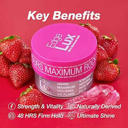 Edge Lux Strawberry Edge Control Gel with Castor Oil, Keratin, Biotin, and Olive Oil - 48 Hour Maximum Hold, Non-Flaking, Non-Greasy, Scented, Conditioning Styling Gel for All Hair Types, 1 Ounce