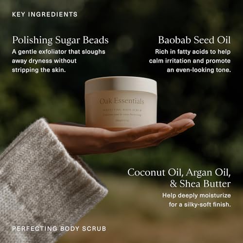 Oak Essentials Perfecting Body Scrub | Gentle Sugar Body Exfoliator for Visibly Smoother, Softer Skin, 7.1 Oz