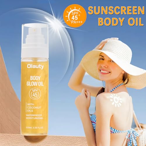 Sunscreen Body Oil,SPF 45,Sun Shield Sheer Body Glow Oil,Lightweight Soft Glowing Lotion,Moisturizing Coconut Oils,Waterproof Non Sticky Shimmer Skin Moisturizer Beach Travel Essentials (#01 Gold)
