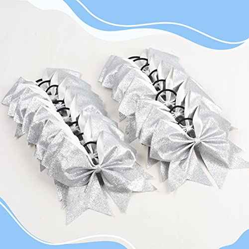16 PCS 8" Large Glitter Cheer Bows for Cheerleaders, CN Sparkly Hair Bows with Elastic Hair Ties Accessories for Teens Girls Women Cheerleading Softball Competition Sports (Silver)