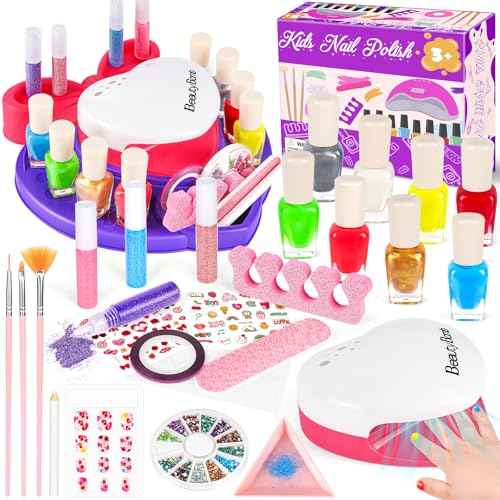 Kids Nail Polish Set for Girls, Nail Art Kit with Nail Dryer, Non-Toxic Nail Polish for Kids with Glitter and Fake Nails, Girl Toys Christmas Birthday Gifts for Girls 8-12