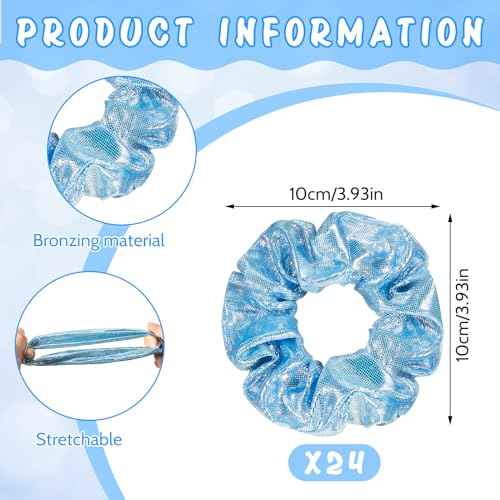 Taiyin 24 Pieces Shiny Metallic Scrunchie Solid Scrunchies Hair Ties Hair Elastics Accessories Elastic Band for Women Gym Dance Cheerleading Softball Volleyball Baseball Team(Light Blue)