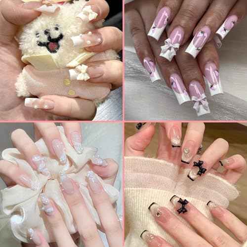 300Pcs 3D Bow Nail Charms and Flatback Pearls Set,Black White Pink Bowknot,Bow-Knot Nail Stud Rhinestones Crystal,Nail Art Charms,Nail Art Supplies,for Manicure DIY,Nail Art Design,Jewelry Decoration