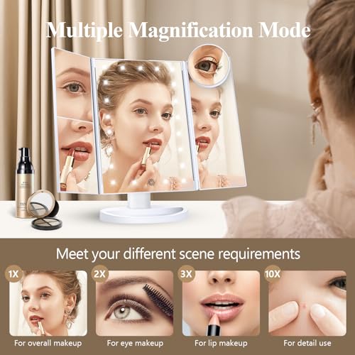 HUONUL Trifold Vanity Mirror with Lights, 2X/3X/10X Magnification