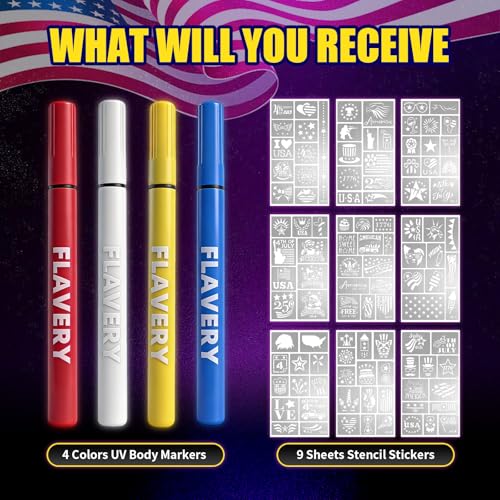 UV Glow Tattoo Markers with 9 Stencils - 4 Color Body Paint Pens