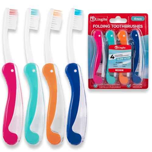 Lingito Travel Toothbrushes - Medium, Mini with Cover, Camping, Folding Travel Size, Adults Kit (4 Pack)