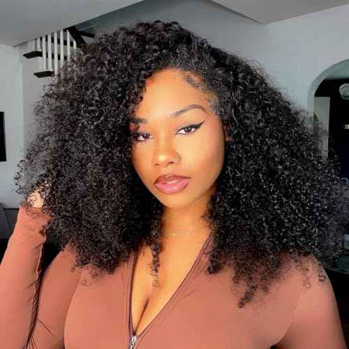Kinky Curly Half Wig Human Hair 200 Density 3 In 1 Seamless Flip Over Half Wigs Human Hair Glueless Wear and Go Beginner Friendly Kinky Curly Wig Human Hair Drawstring Headband Wig for Women 20 Inch