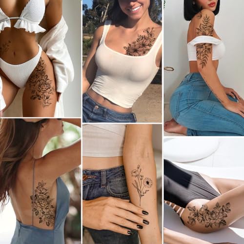 CHARLENT 23 Sheets Flower Temporary Tattoos - Waterproof Floral Body Art