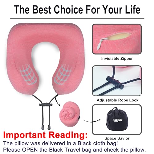 napfun Neck Pillow for Traveling, Upgraded Travel Neck Pillow for Airplane 100% Pure Memory Foam Travel Pillow for Flight Headrest Sleep, Portable Plane Accessories, Rose