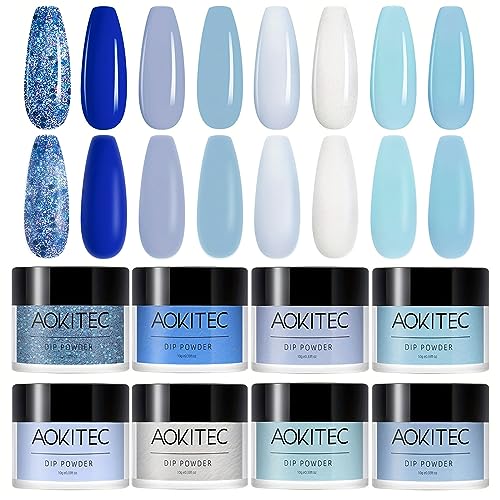 Aokitec 8 Colors Dip Powder Nail Set,Navy Sky Baby Blue Collection Glitter Pastel Dipping Powder Starter Kit French Nail Art Manicure DIY Salon Home Gifts for Women, No Need Nail Lamp Cured