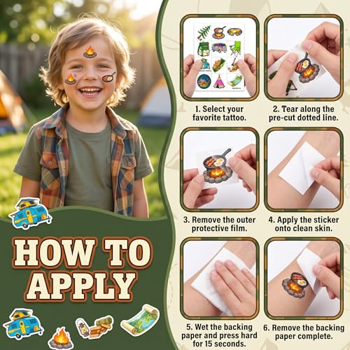 96 Camping Temporary Tattoos for Kids - 8 Sheets