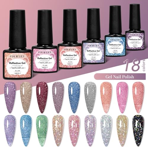 Reflective Glitter Gel Nail Polish Set, 18 Colors Including Pink Red Silver Holographic Gel Kit UV LED Soak Off Nail Polish Home DIY Manicure Salon Varnish