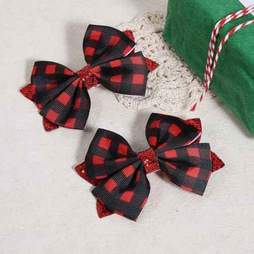 4in Christmas Glitter Buffalo Plaid Hair Bow Clips for Girls Red Black Xmas Grids Checkered Ribbon Alligator Barrettes Hairpins Party Dress Decor Accessories Teens Kids Favor Gift