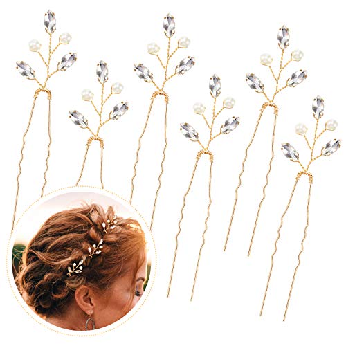 Pearl & Rhinestone Bridal Hair Pins Gold (6 Pieces)