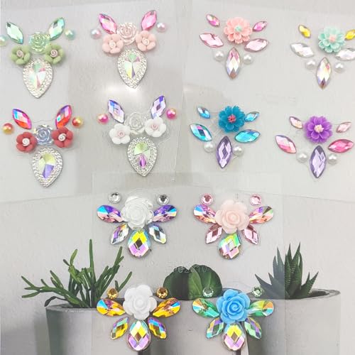 12Pcs Face Gems Stickers, Face Jewels with Diamond, Rhinestones Pearl Spring Flowers Forehead Sticker for Women Girls Decoration Festival Party Self-Adhesive DIY Body Art Decals