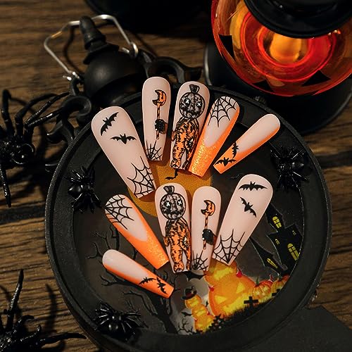 24Pcs Halloween Press on Nails Long Coffin Fake Nails Orange French Halloween False Nail Tips Sparkle Pumpkin Bat Spider Web False Nails with Designs Long Coffin Halloween Stick on Nails for Women