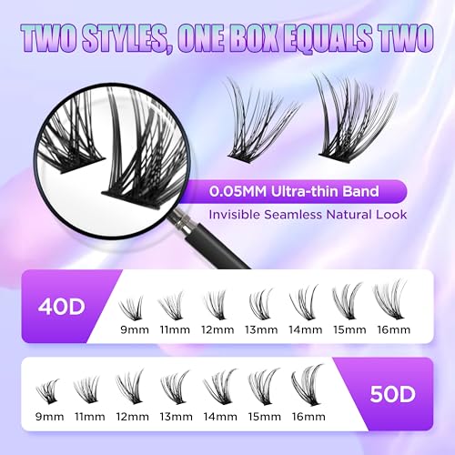 Lash Extension Kit DIY Lash Clusters Kit Eyelash Extensions Individual Lashes Extensions with (Lash Bond,Seal,Tweezers,Remover,280,40D50D, 9-16)