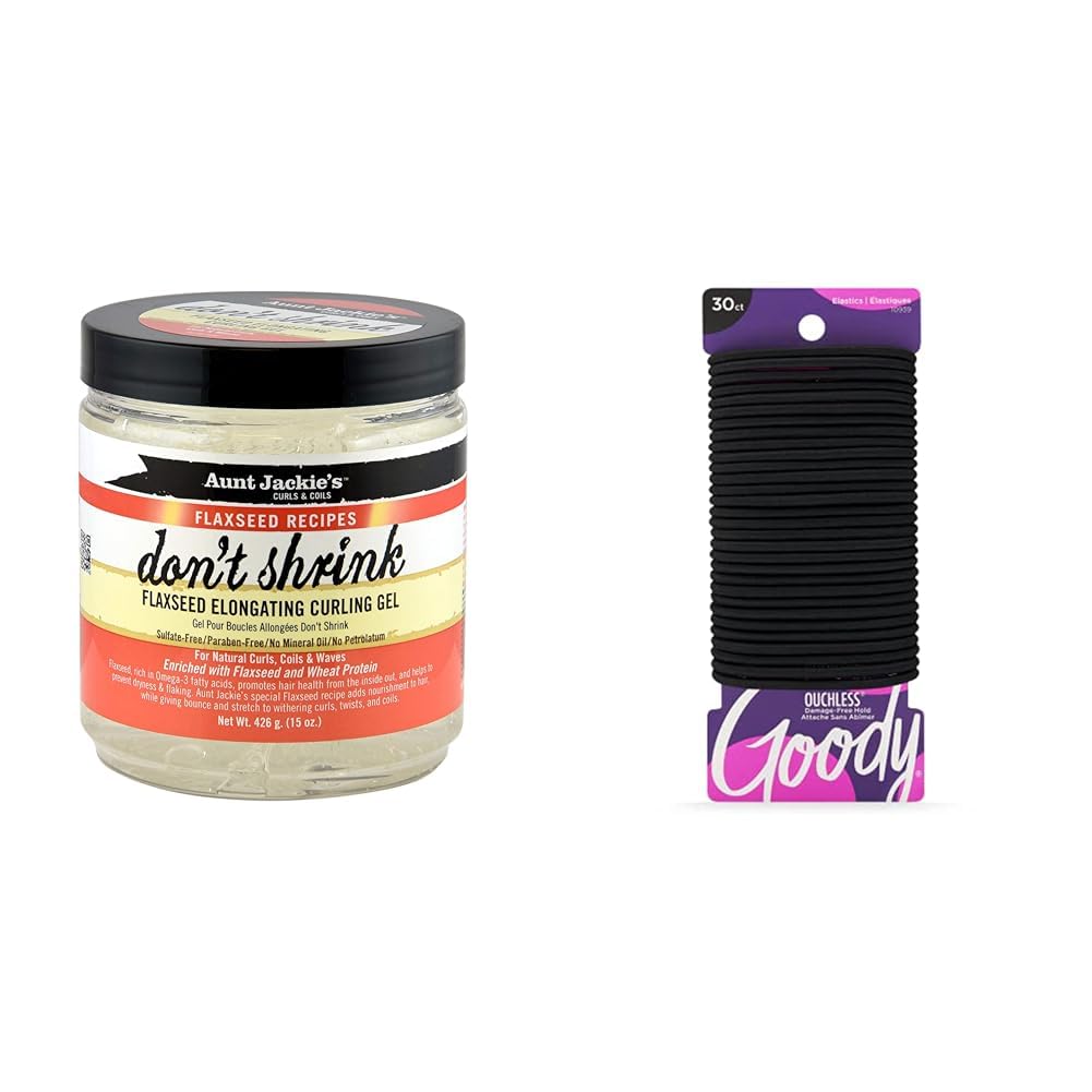 Aunt Jackie's Flaxseed Gel and Goody 30 Count Black Hair Ties Bundle - 15 oz Curling Gel and Damage-Free Ponytail Holders