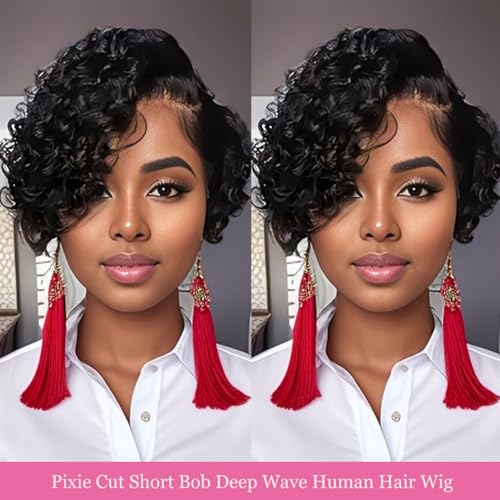 Bworto 6 Inch 13x4 Lace Front Curly Wigs Human Hair Deep Wave Natural Black