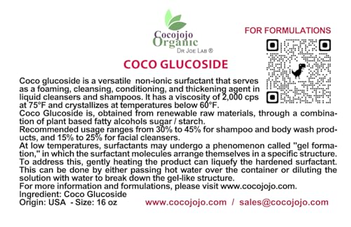 cocojojo - Coco Glucoside Surfactant 16 oz - Natural Foaming Cleanser - Plant Derived - Biodegradable - For Formulations and DIY Skin Care - For Shower Gels, Body Soap, Shampoos, Face Cleansers