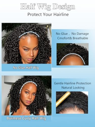 Burmese Curly Half Wig 18" Human Hair Glueless Drawstring
