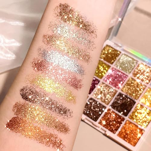 K'APEINE Gold Glitter Eyeshadow Palette, 16Colors Fine Pressed Sparkle Eye Shadow Metallic Glitter Powder Makeup Pallet Ultra Shimmer Makeup Kit Highly Pigmented Long Lasting Waterproof for Face Body