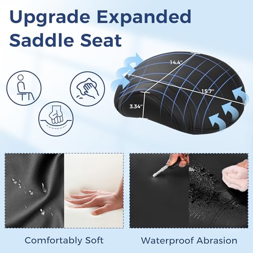 Ergonomic Saddle Stool with Wheels - Thick Wide Seat, Adjustable Height, Black