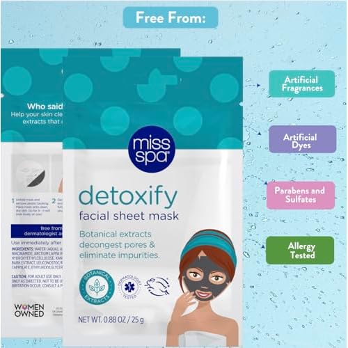 MISS SPA Detoxify Facial Sheet Mask Botanical Extracts to Decongest Pores Remove Impurities, Detox Facial Sheet Mask Skin Care, Dermatologist Tested, Cruelty-Free 4 Pack