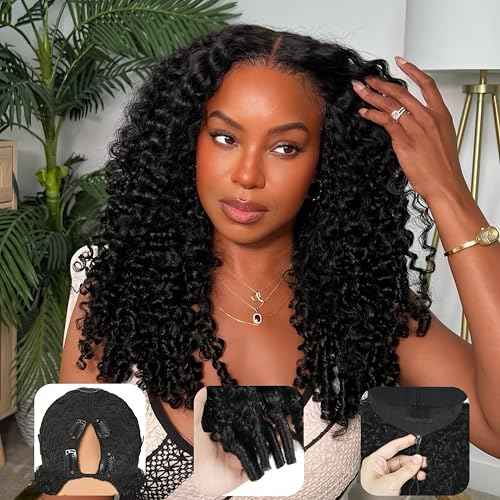 V Part Burmese Curly Wig Human Hair 200% Density Upgrade U Part Wig with Drawstring No Leave Out Glueless V Shape Full Head Clip In Half Wig Curly Human Hair Wig for Black Women Natural Color 22 Inch