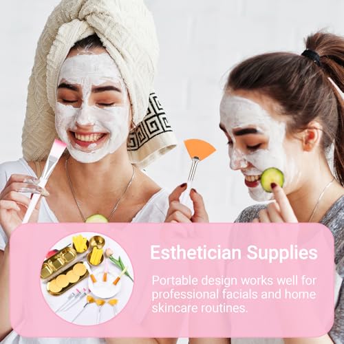 26Pcs Esthetician Supplies for Facials Set - 3 Stainless Steel Gold Mixing Bowls Gold Small Serving Tray 3 Compartment Serving Tray 3 Facial Fan Brushes 6 Face Mask Applicator Brush 12 Face Sponges