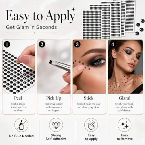 1608Pcs Black Face Gems Stickers Self-Adhesive Rhinestones 3-6mm