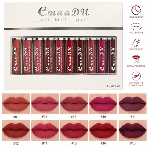 MooGlamor 10-Piece Matte Liquid Lipstick Set Waterproof Long-Lasting