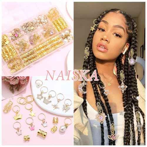 NAISKA 156Pcs Pink Crystal Loc Dreadlocks Jewelry Gold Hair Jewelry for Braids Multi Shape Crown Pearls Hair Decoration Hair Coils Rings Dreadlocks Hair Cuffs for Women and Girls