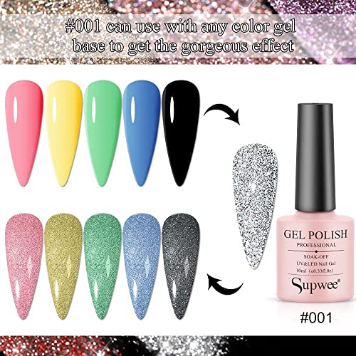 SUPWEE Reflective Glitter Gel Polish Set Sparkly Shiny Holographic Gel Nail Polish Disco Diamond Nail Polish Gel for Party Manicure Soack Off UV Gel 6 Colors 10ML(0.33fl oz)