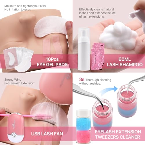 Pretty memory Eyelash Extension Kit for Beginners, 343 Pcs Lash Extension Kit with Everything Includes 2 Mannequin Heads Facial Mister Tweezers Glue USB Fan for Practice Training