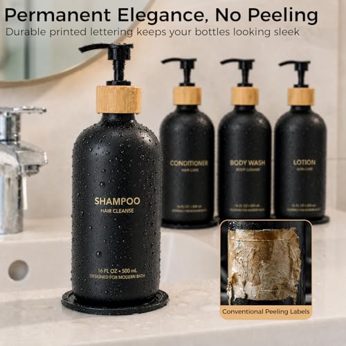 Black Glass Shampoo and Conditioner Dispenser Set - 4 Pack with Travel Bottles