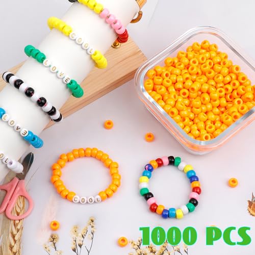 Auvoau 1000Pcs Pony Beads Bracelet 9mm Orange Plastic Barrel Pony Beads for Necklace,Hair Beads for Braids for Girls,Key Chain,Jewelry Making (Orange)