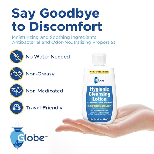 Globe Hygienic Cleansing Lotion for Men and Women, Discomfort, Pain & Itch Relief for Sensitive Areas, Cooling, Non-Irritating & Non-Drying Gentle Personal Care Cleanser, Travel Must Have,3 oz Bottle