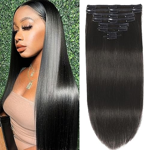 Clip in Hair Extensions Real Human Hair Clip ins Remy Human Hair Clip in Extensions Black Women Invisible Natural Straight Seamless Clip on Hair Extensions 8pcs Double Weft #1B 16 Inch 2.8oz/80g