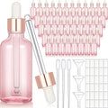 Nuogo 50 Pack Eye Dropper Bottle with Caps, 2oz Glass Bottles Bulk with 5 Droppers for Essential Oils, 3 Plastic Funnels, 30 Labels Stickers for Perfume Liquid Body Oil Beauty Oil(Pink)