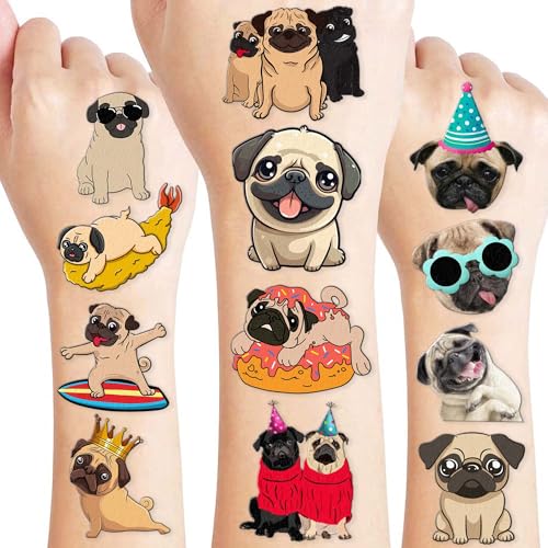 96 Pcs Pug Temporary Tattoos for Kids - Party Favors